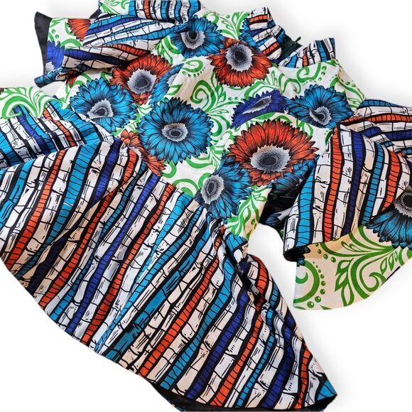 Handmade Abstract Oversized Dramatic Ruffle Sleeve Peplum Blue Green Top - Picture 4 of 9